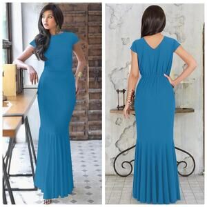 Women's Long Cap Sleeve Formal Evening Cocktail Maxi Dress Blue Fit & Flare - 2X